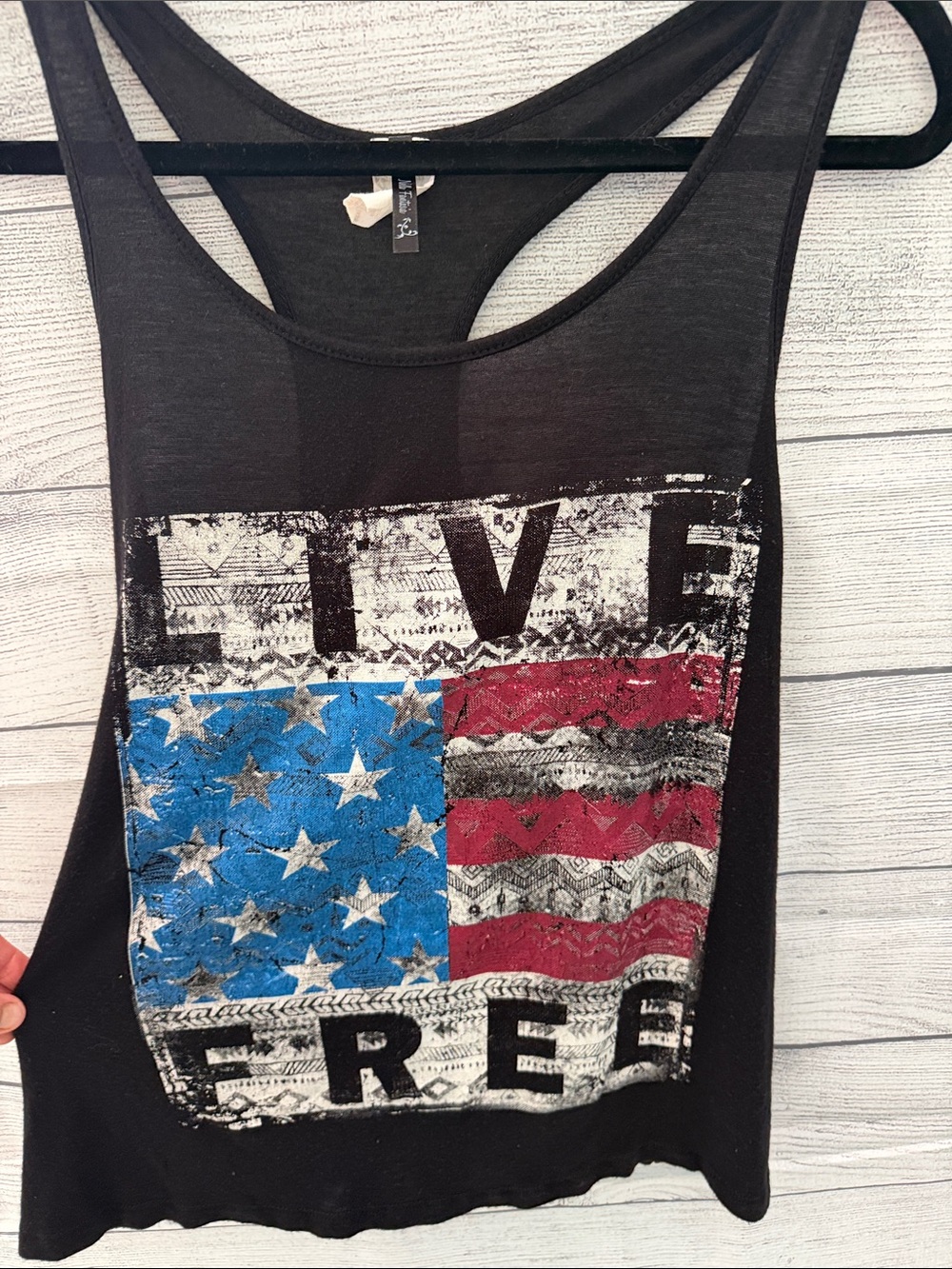 Nella Fantasia Black Tank Top with Red, White, Blue Flag Graphic